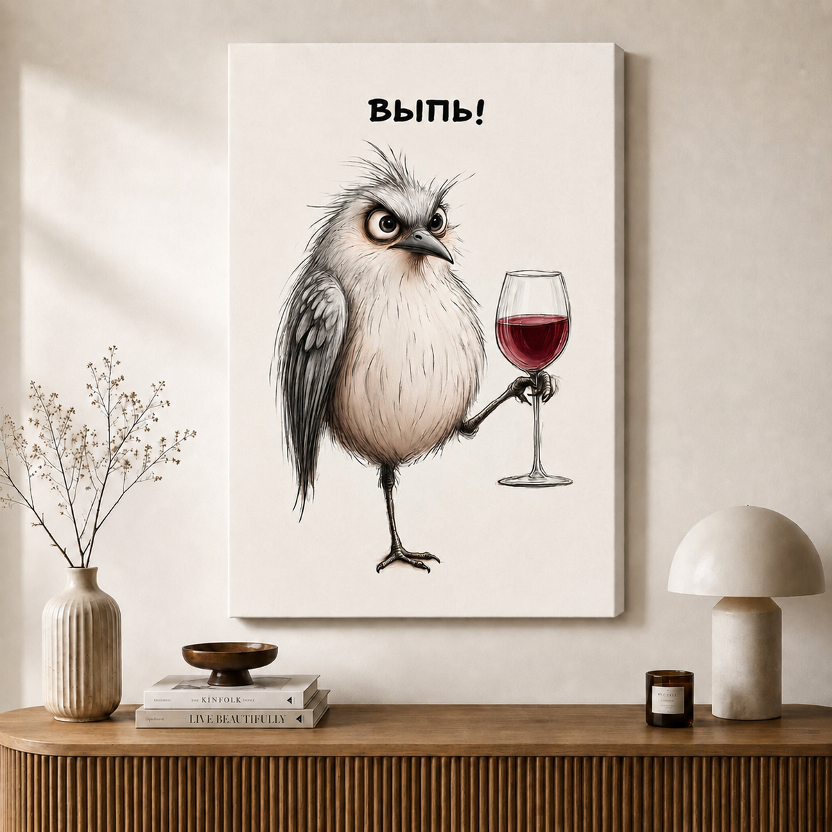 Grumpy Bird Wine Sketch Funny Canvas Print