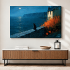 Black Cat Coastal Moonlight Night Canvas Art