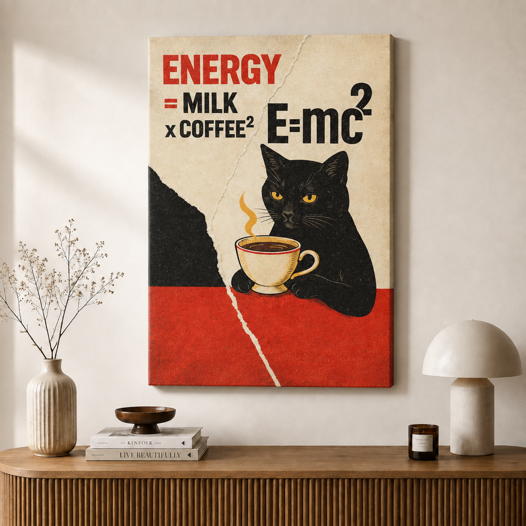 Funny Cat Coffee Science Vintage Canvas Wall Art
