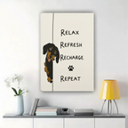 Relax Refresh Recharge Repeat Dachshund Wall Art – Funny Motivational Dog Canvas Print on Natural Wood Frame | W2312