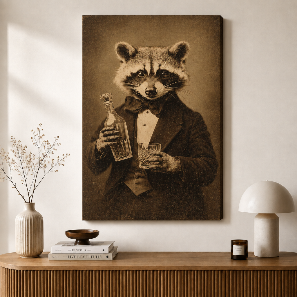 Vintage Raccoon Gentleman Whiskey Canvas Art