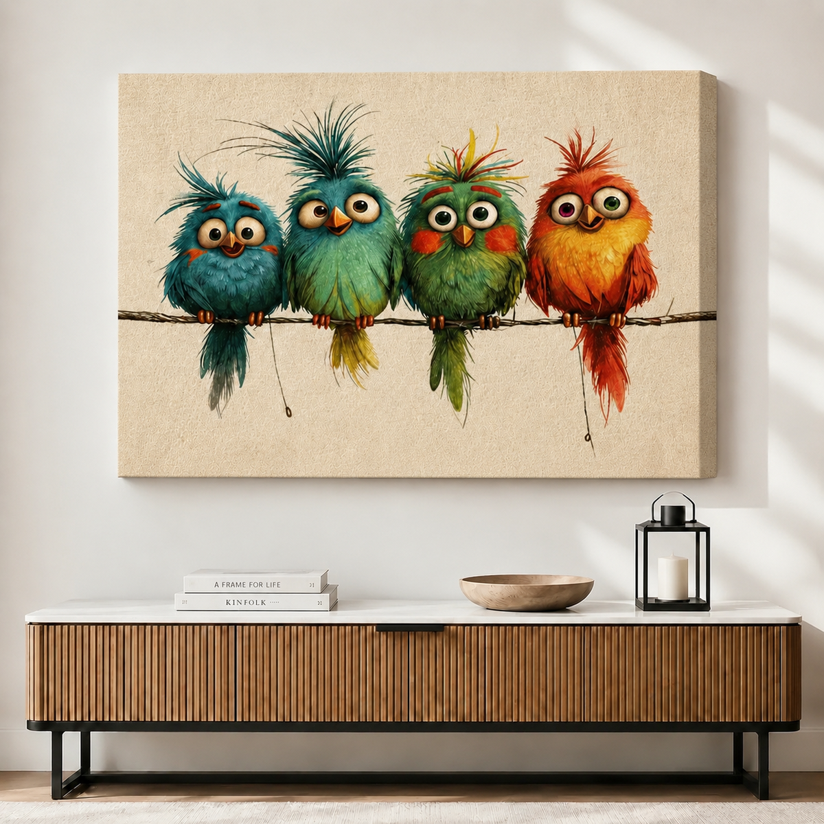 Whimsical Colorful Parrot Quartet Canvas Art