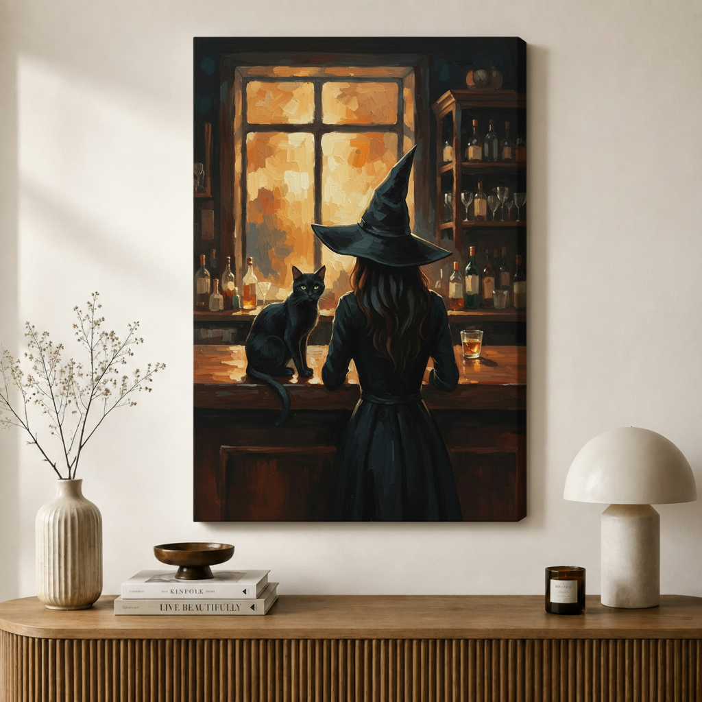 Gothic Witch Black Cat Bar Canvas Art