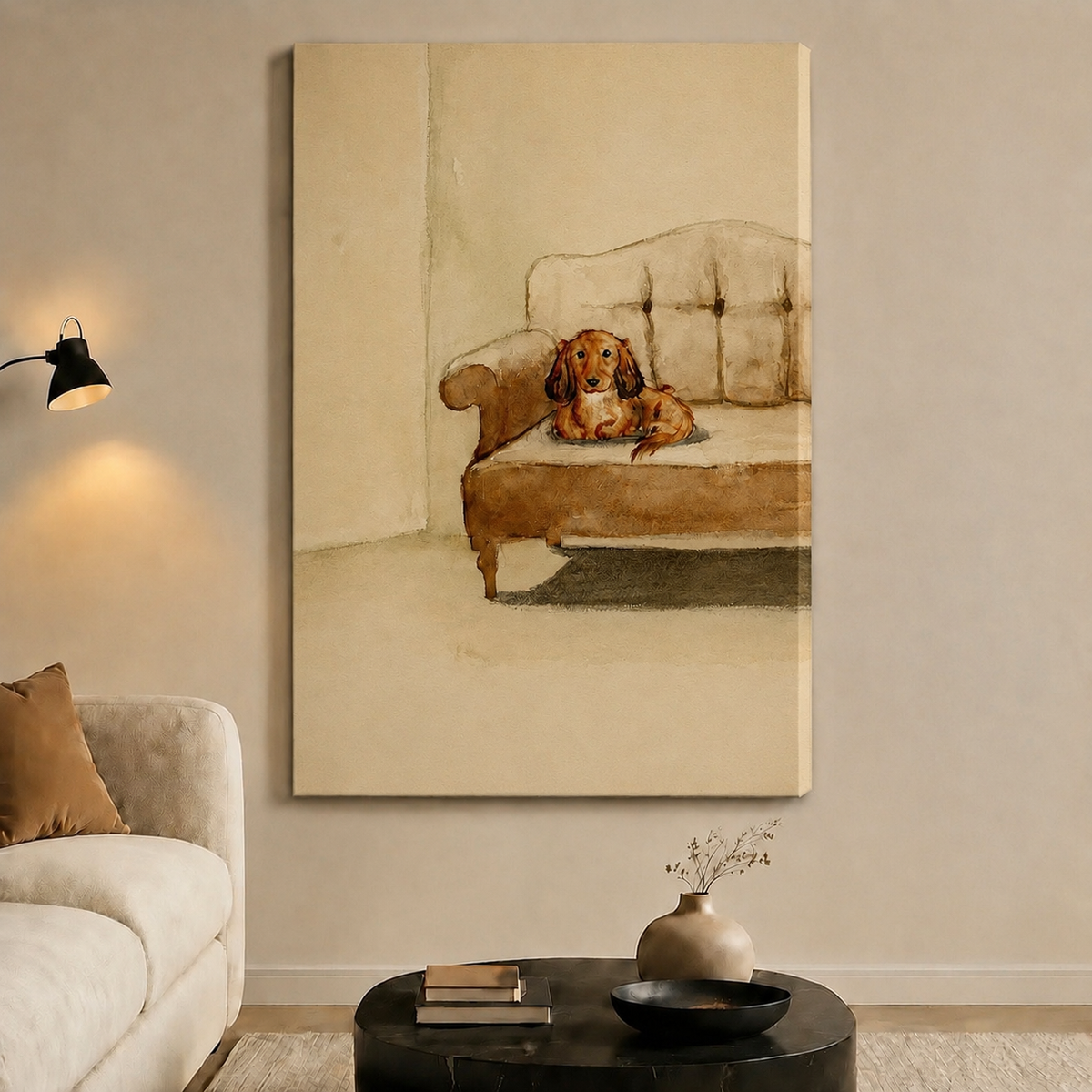 Dachshund on Vintage Sofa Watercolor Canvas Art