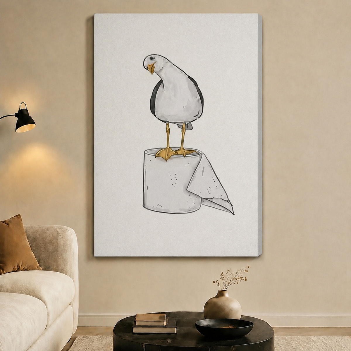 Seagull on Toilet Paper Funny Bathroom Canvas Art