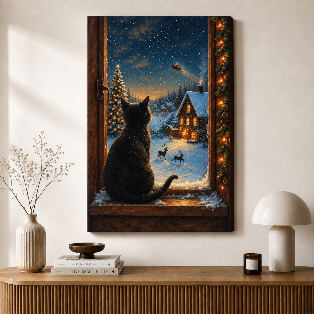 Black Cat Christmas Night Window Canvas Art