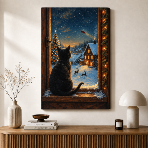 Black Cat Christmas Night Window Canvas Art