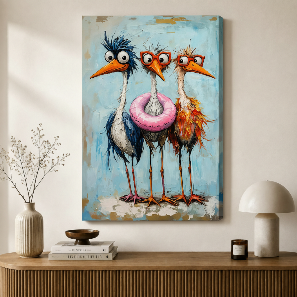 Funny Birds Whimsical Oil Painting Canvas Art