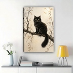 Fluffy Black Cat on Branch Wall Art – Warm Japanese Ink Painting Canvas Print on Natural Wood Frame | W2190