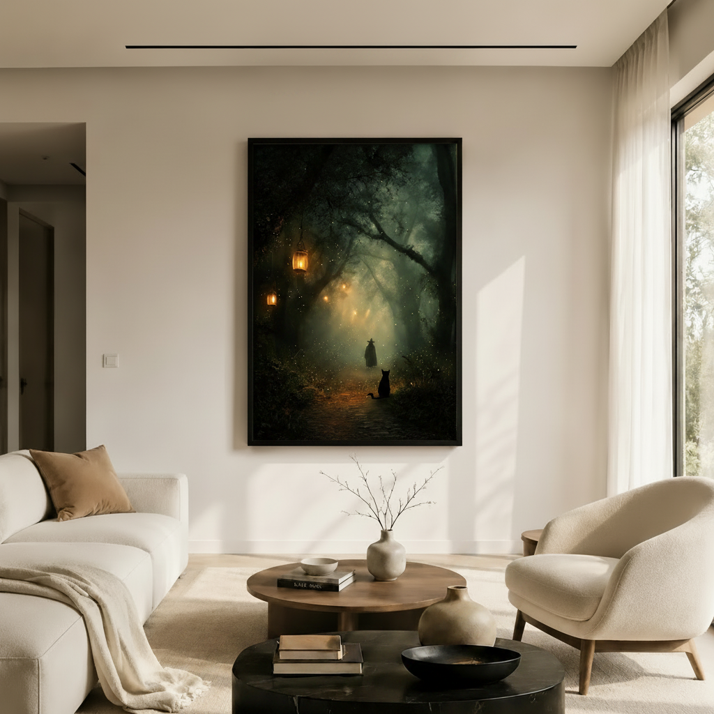 Witch & Black Cat Enchanted Forest Canvas Wall Art
