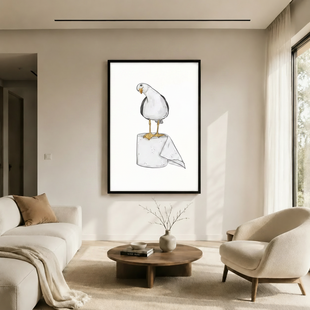 Seagull on Toilet Paper Funny Bathroom Canvas Art