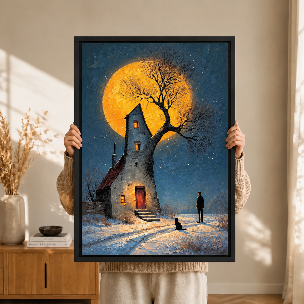 Moonlit Stone Cottage Impressionist Canvas Art
