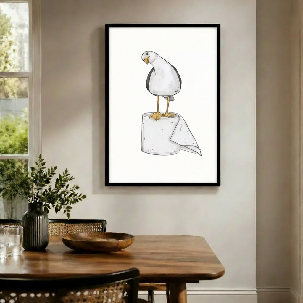 Seagull on Toilet Paper Funny Bathroom Canvas Art