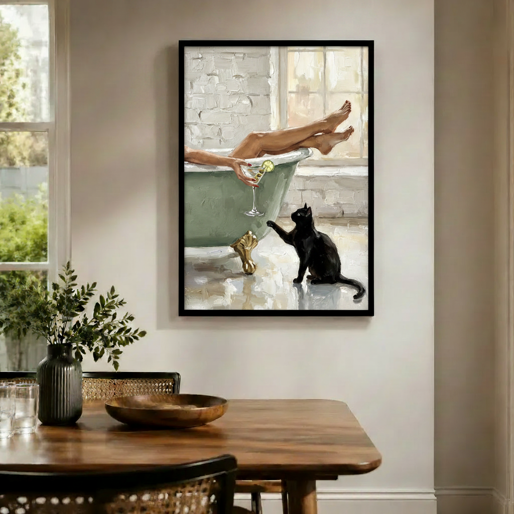 Bathtub Woman Black Cat Martini Canvas Art