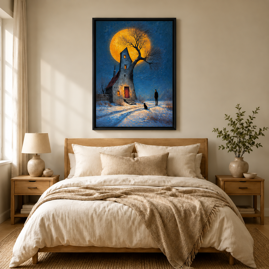 Moonlit Stone Cottage Impressionist Canvas Art