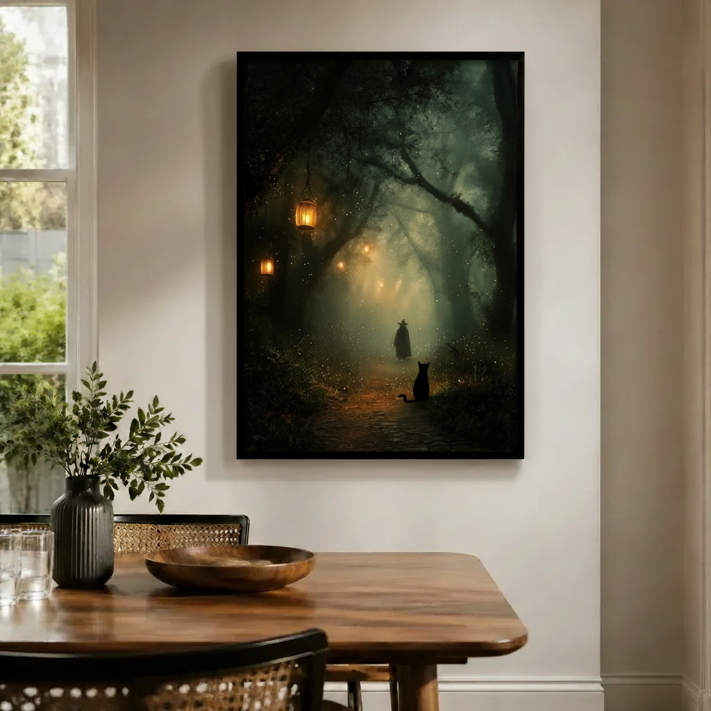 Witch & Black Cat Enchanted Forest Canvas Wall Art