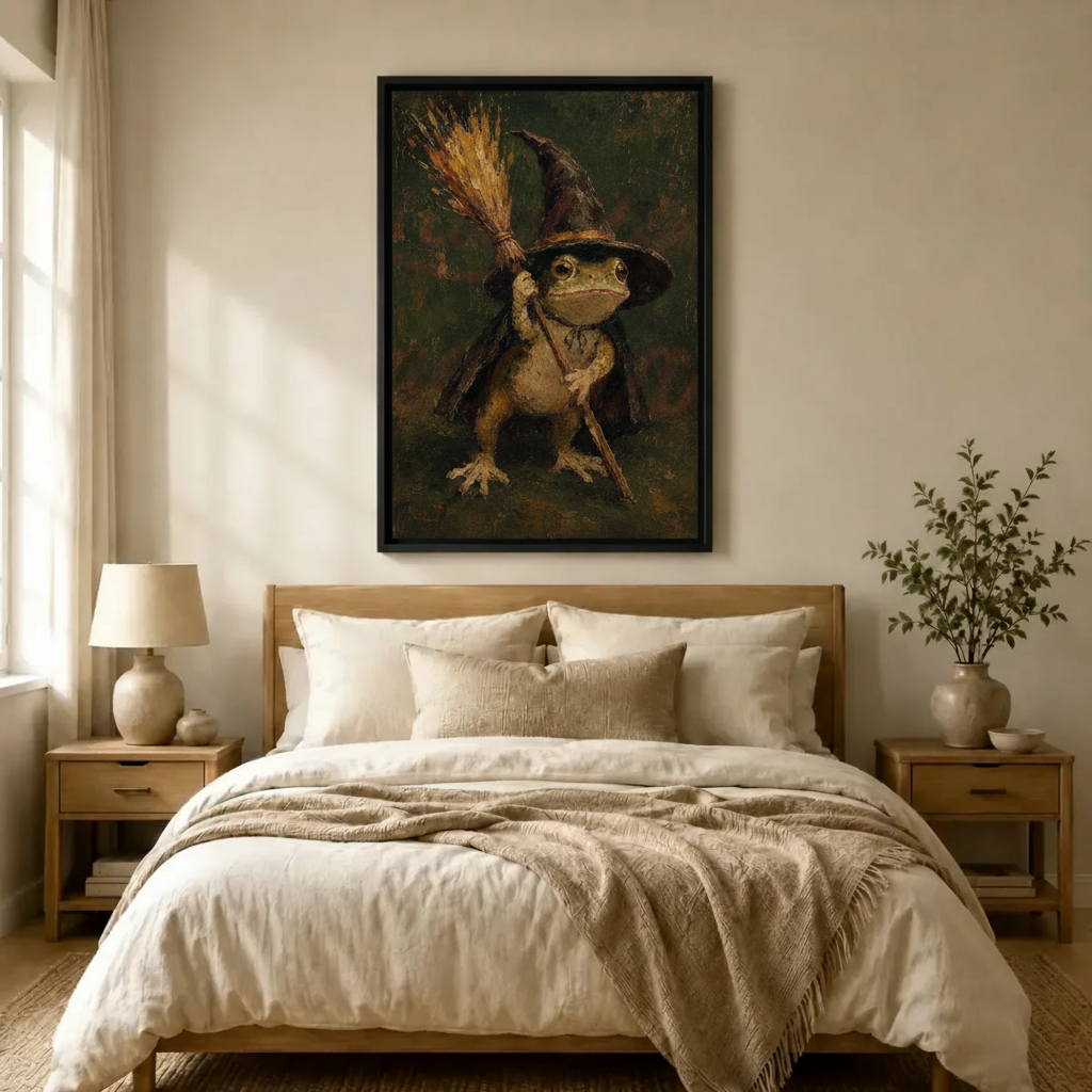 Witch Frog Broom Canvas Wall Art