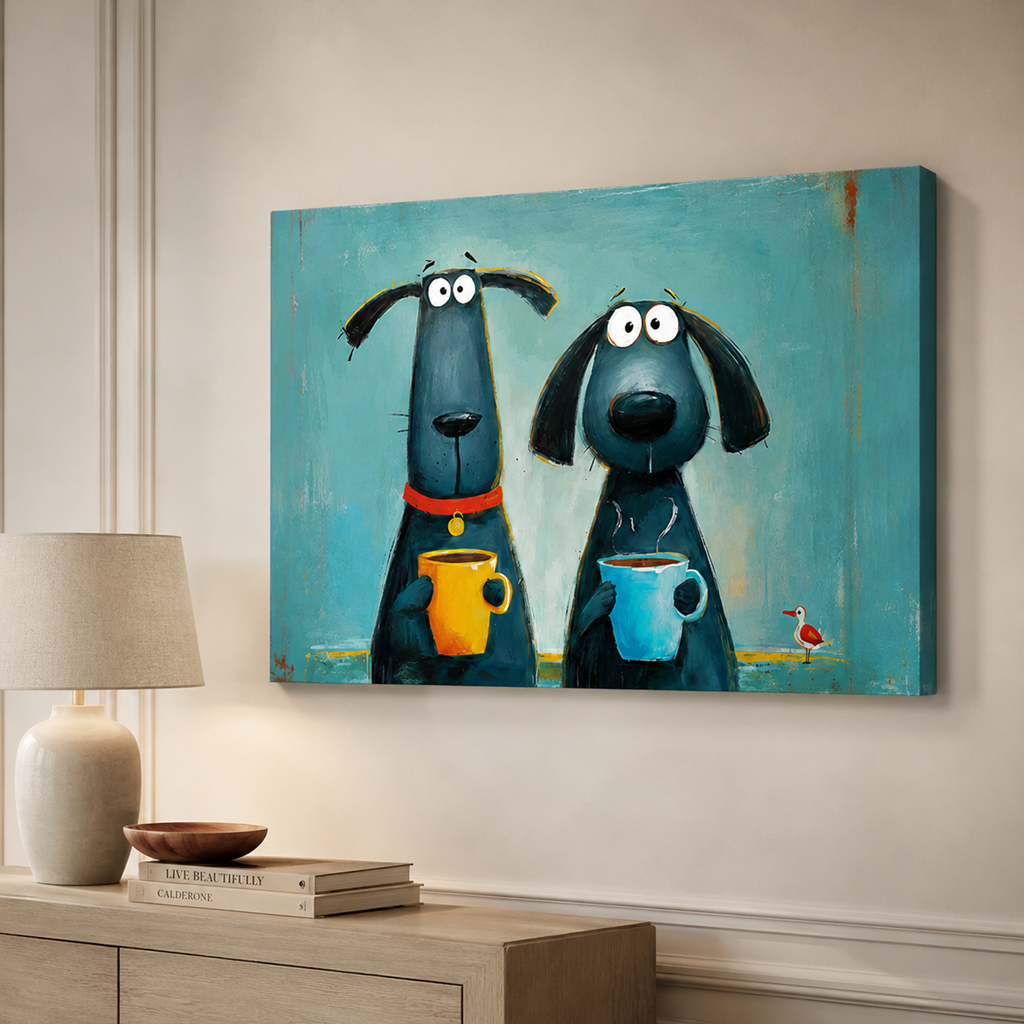 Coffee Dogs Whimsical Canvas Wall Art