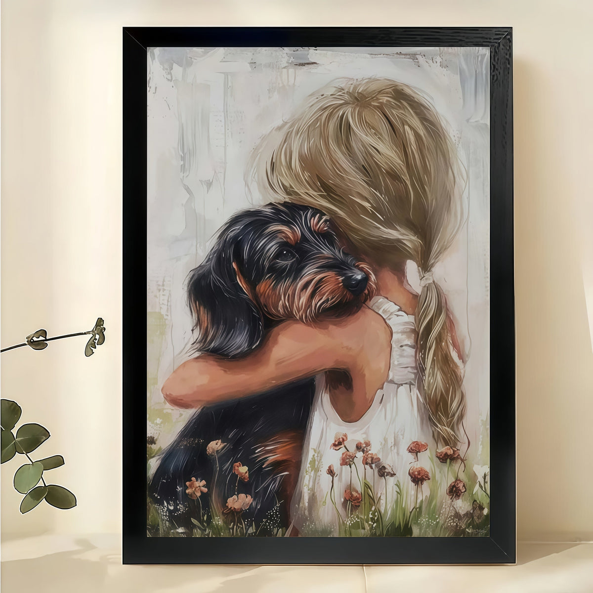 Girl Hugging Dachshund in Wildflowers – Heartwarming Pet Wall Art on Natural Wood Canvas | W988