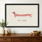 Pink Dachshund "So Long" Wall Art – Minimalist Sausage Dog Canvas Print on Natural Wood Frame | W2405
