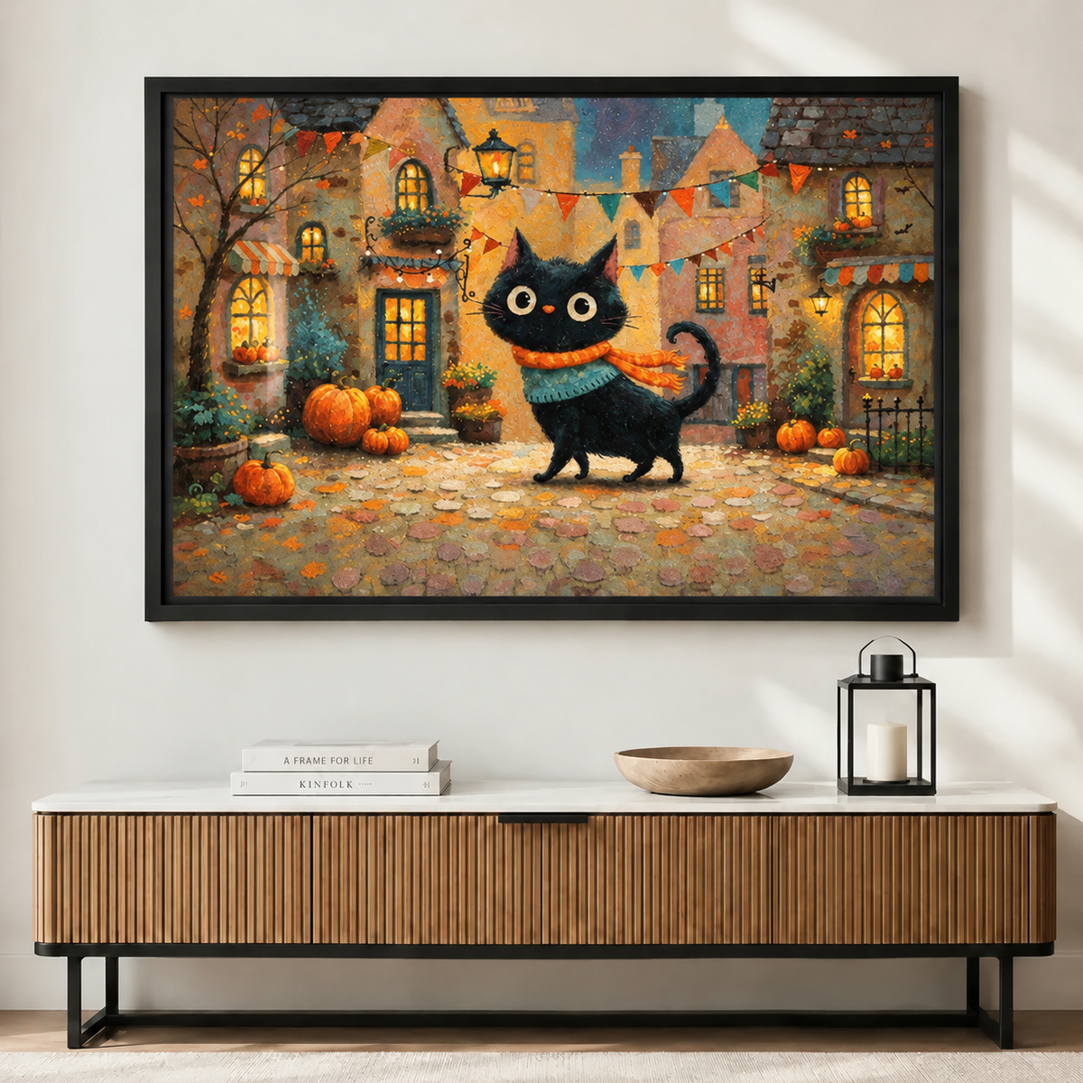 Whimsical Black Cat Halloween Village Canvas Art