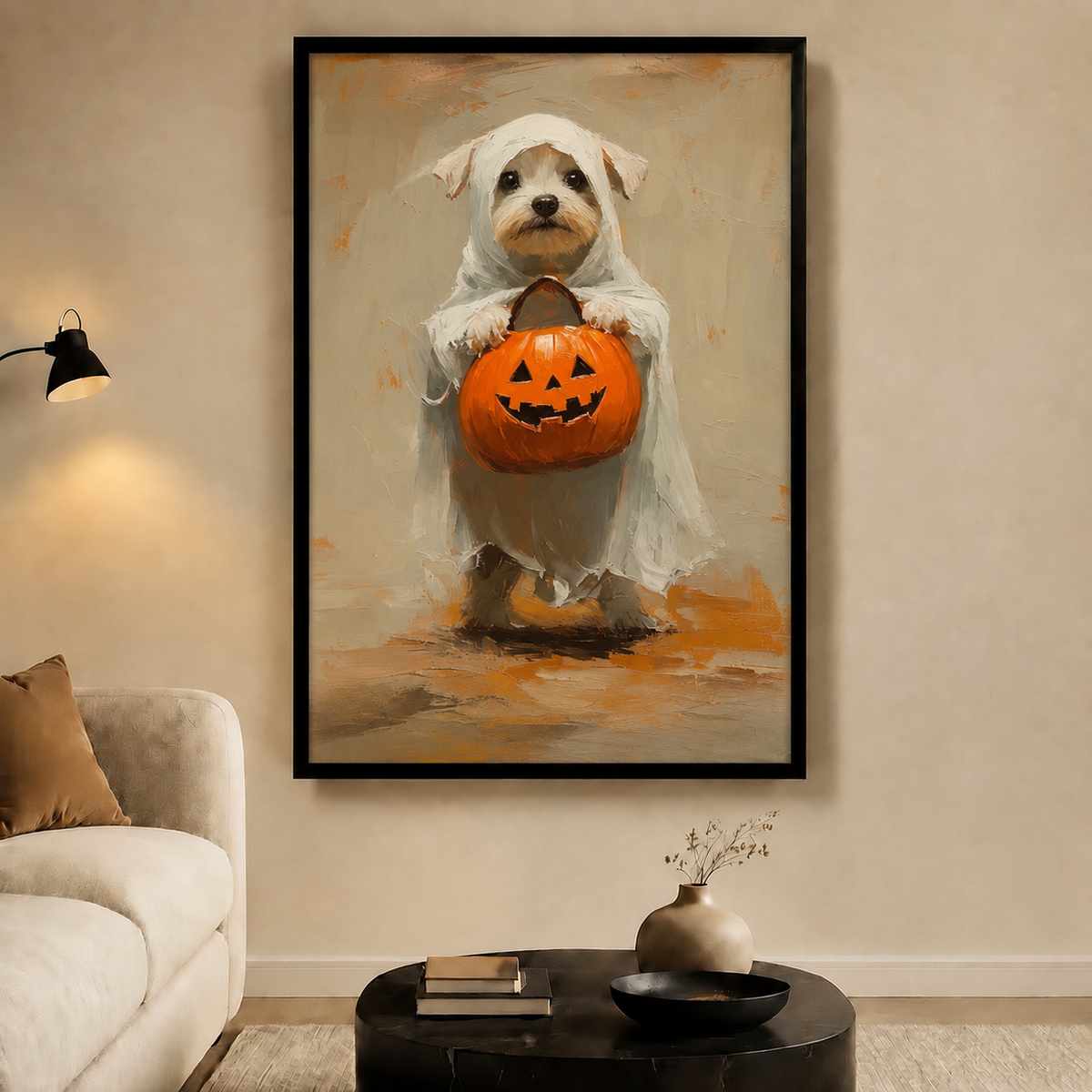Ghost Dog Halloween Pumpkin Canvas Wall Art