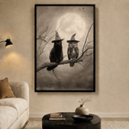 Black Cat Owl Witch Hat Moon Canvas Art
