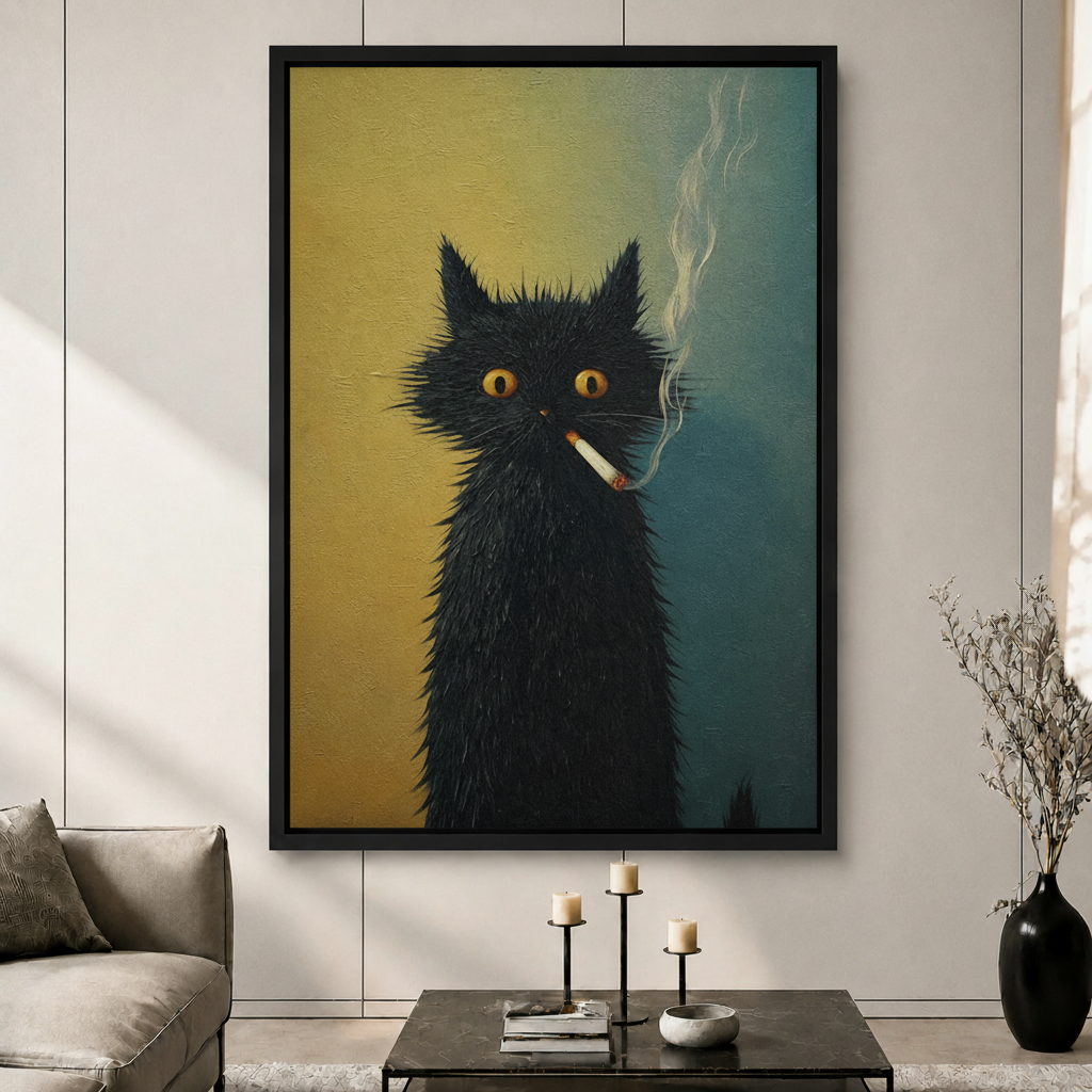 Funny Smoking Black Cat Canvas Wall Art