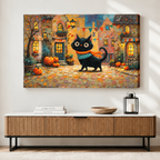 Whimsical Black Cat Halloween Village Canvas Art