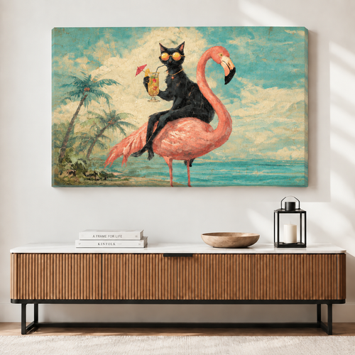 Cool Cat Flamingo Tropical Beach Canvas Art
