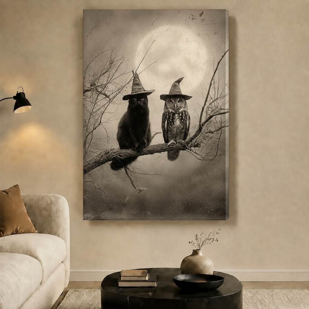 Black Cat Owl Witch Hat Moon Canvas Art