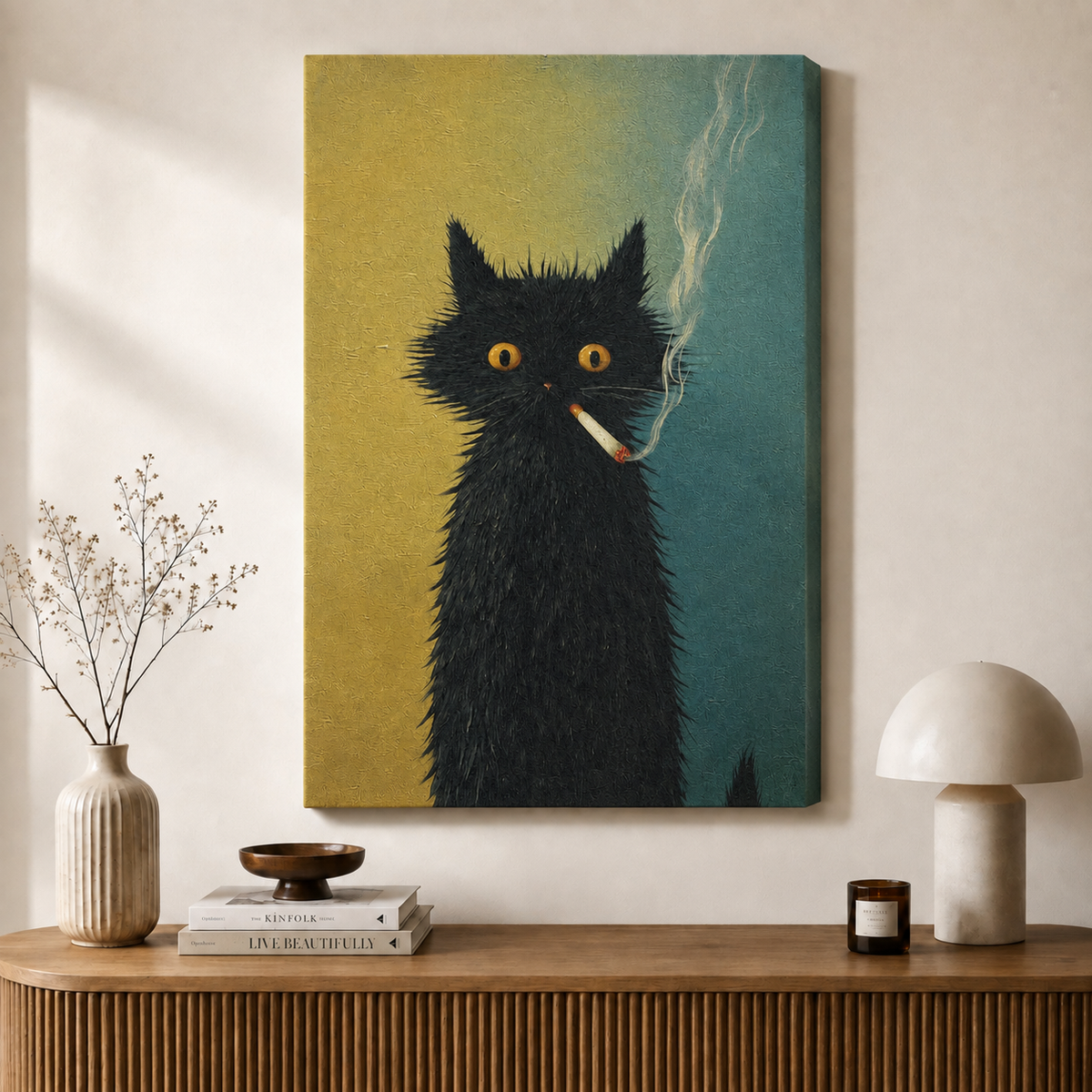 Funny Smoking Black Cat Canvas Wall Art