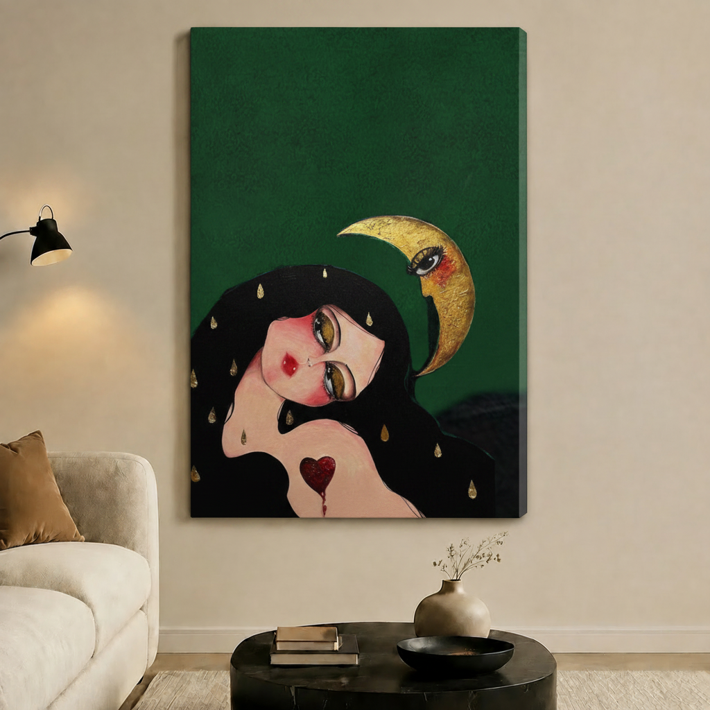 Dreaming Girl Golden Moon Surreal Canvas Wall Art