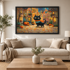 Whimsical Black Cat Halloween Village Canvas Art