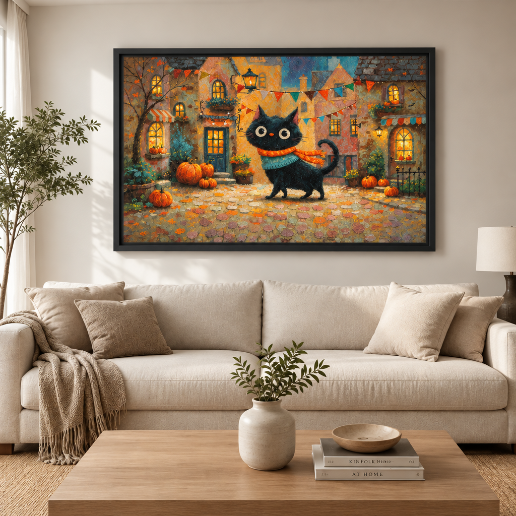 Whimsical Black Cat Halloween Village Canvas Art