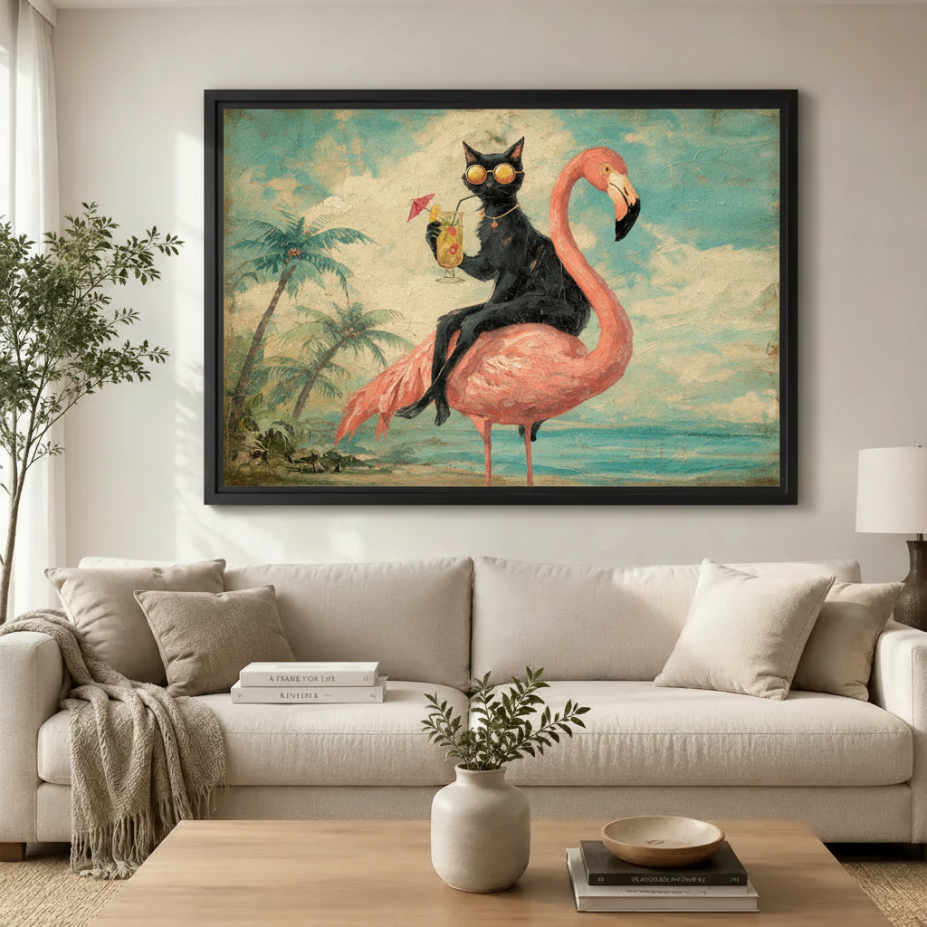 Cool Cat Flamingo Tropical Beach Canvas Art