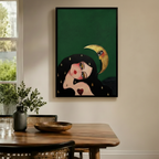 Dreaming Girl Golden Moon Surreal Canvas Wall Art
