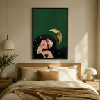 Dreaming Girl Golden Moon Surreal Canvas Wall Art