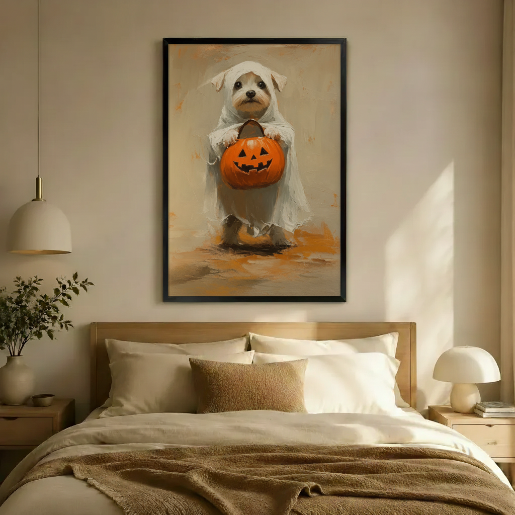 Ghost Dog Halloween Pumpkin Canvas Wall Art