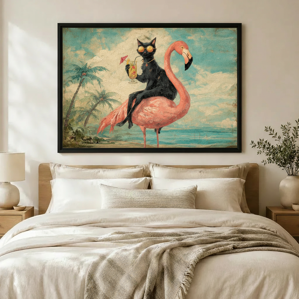 Cool Cat Flamingo Tropical Beach Canvas Art