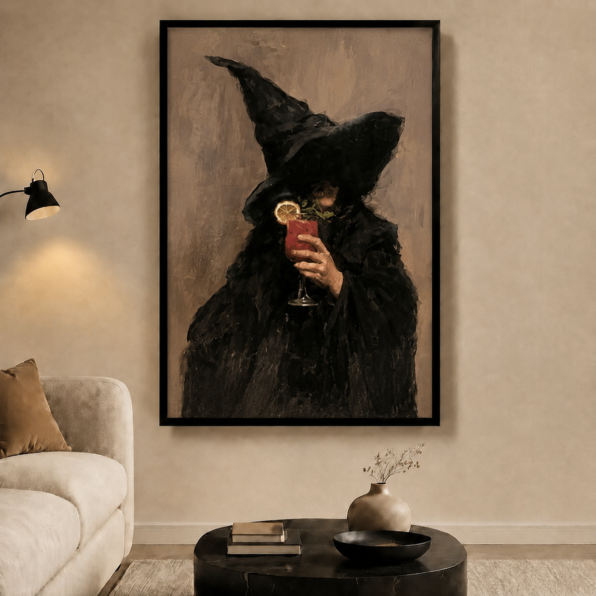 Witch with Cocktail Dark Academia Canvas Wall Art