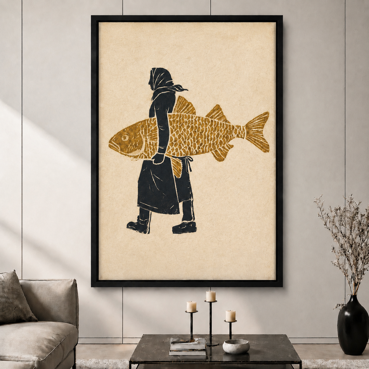 Folk Art Fish Woman Vintage Canvas Art