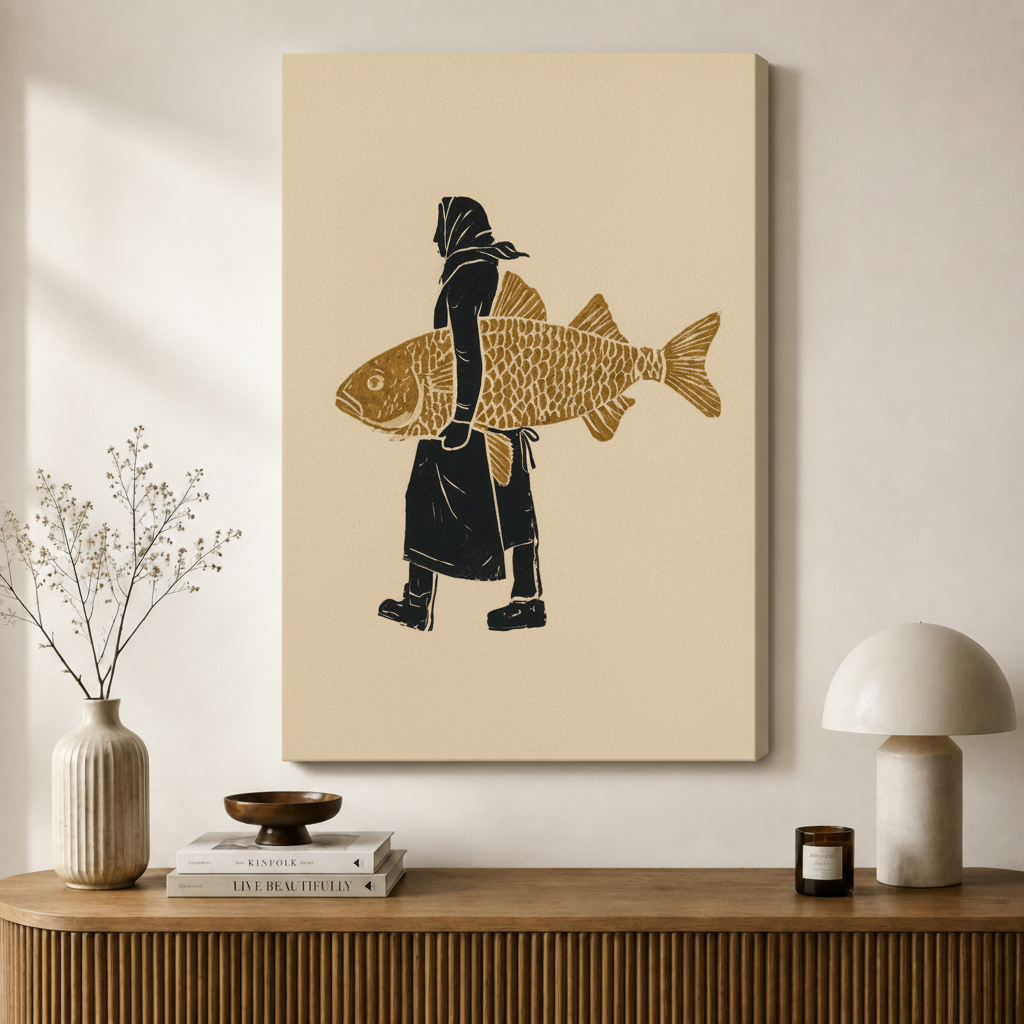 Folk Art Fish Woman Vintage Canvas Art