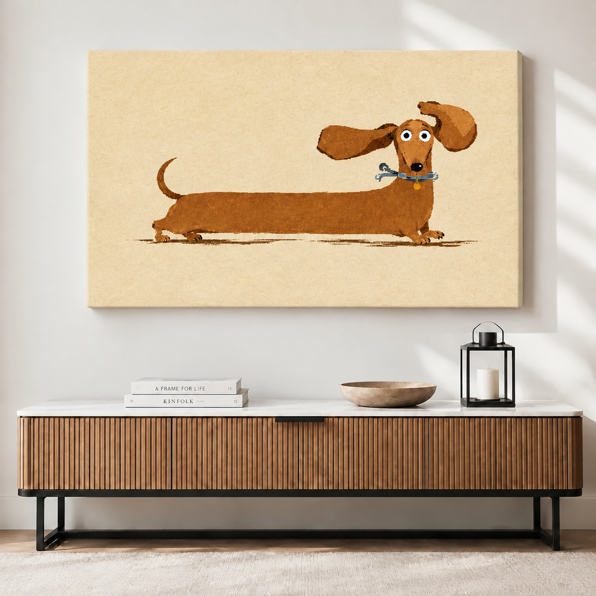 Cute Dachshund with Bone Retro Illustration Canvas Art