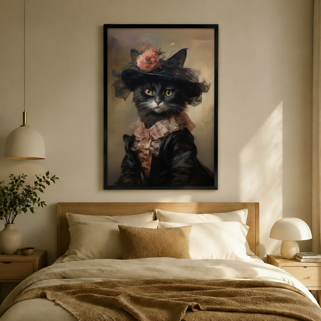 Victorian Black Cat Rose Hat Portrait Canvas Wall Art
