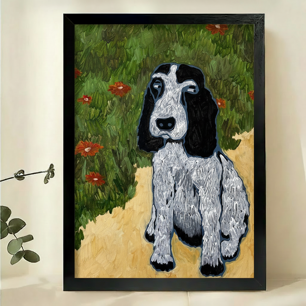 英国可卡犬油画黑框特写