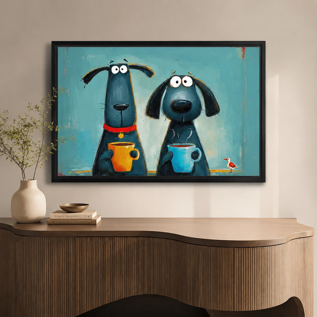 Coffee Dogs Whimsical Canvas Wall Art