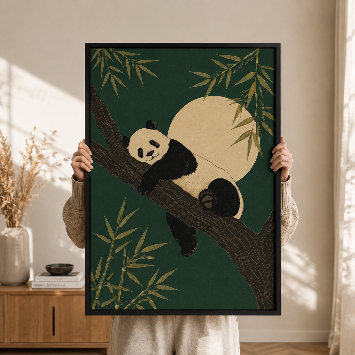Panda Napping on Moonlit Branch Canvas Art
