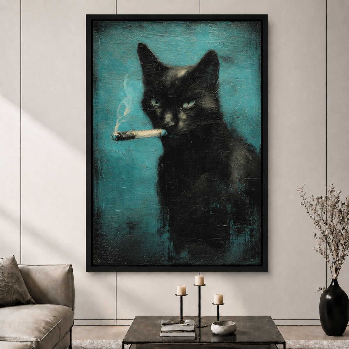 Moody Smoking Cat Wall Decor Canvas Art