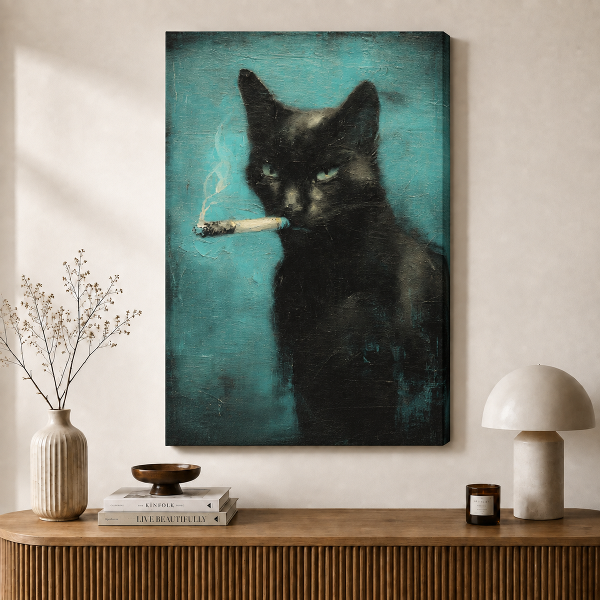 Moody Smoking Cat Wall Decor Canvas Art